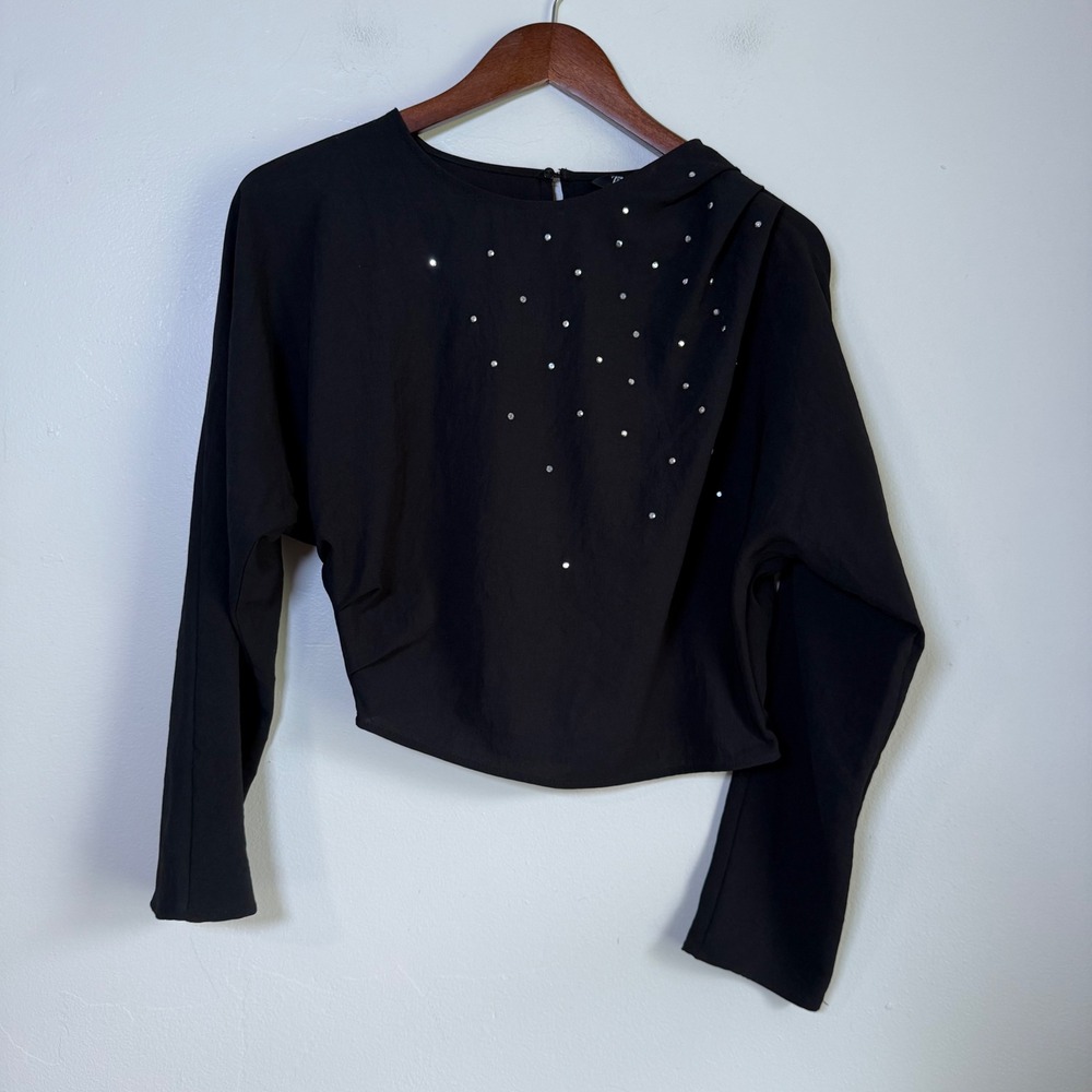 Zara Rhinestone Draped Shoulder Cropped Blouse Size M Black